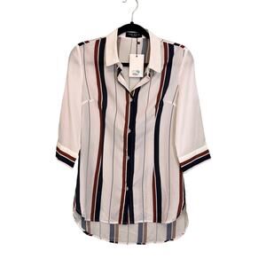 Few Moda Shirt Womens S White Multi Striped 3/4 Sleeves High Low Button Up NWT